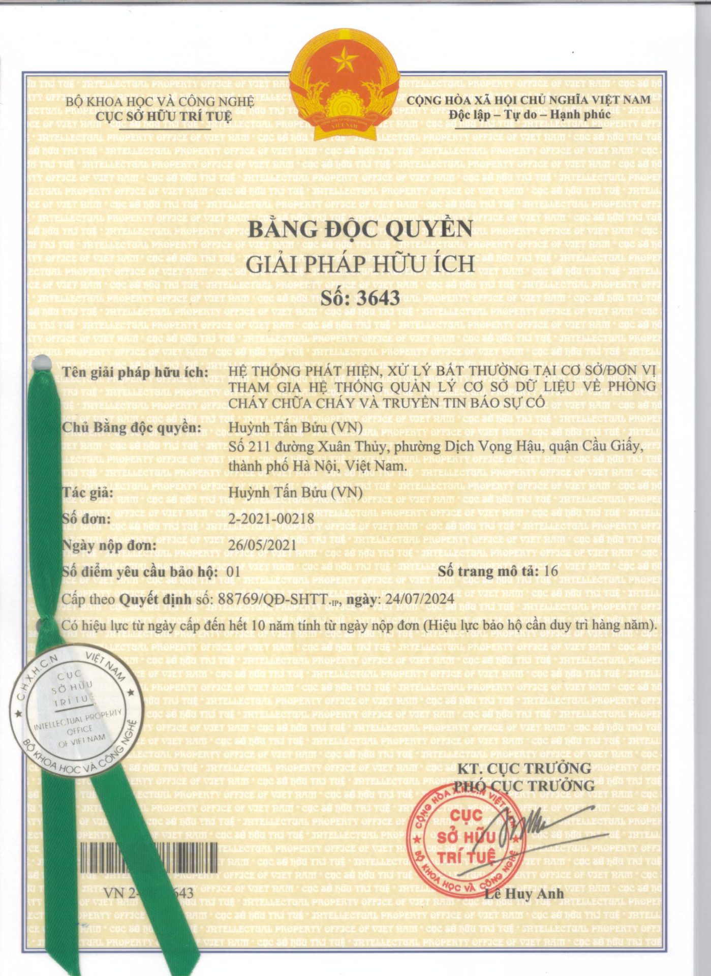 Bằng độc quyền số 3643 cho hệ thống phát hiện và xử lý bất thường, truyền tin báo sự cố của CBX.